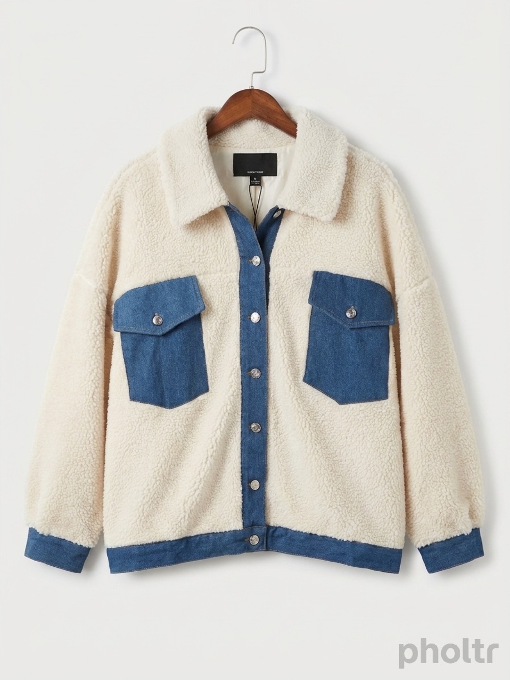 Cream Sherpa Teddy Jacket‎ with Blue Denim Accents